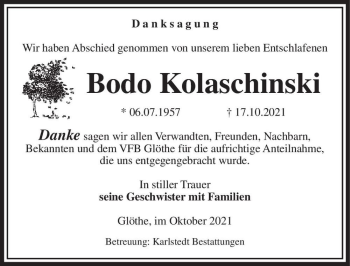 Traueranzeige von Bodo Kolaschinski  von Magdeburger Volksstimme