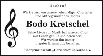Traueranzeige von Bodo Kretschel  von Magdeburger Volksstimme