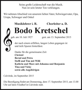Traueranzeige von Bodo Kretschel  von Magdeburger Volksstimme