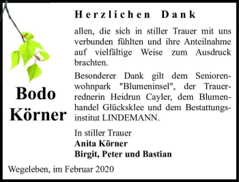 Traueranzeige von Bodo Körner  von Magdeburger Volksstimme