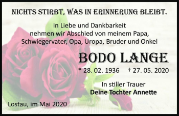 Traueranzeige von Bodo Lange  von Magdeburger Volksstimme