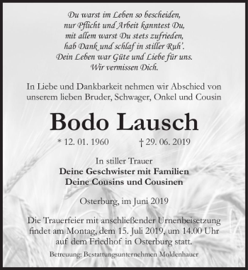 Traueranzeige von Bodo Lausch  von Magdeburger Volksstimme