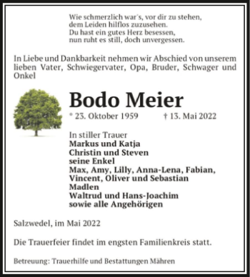 Traueranzeige von Bodo Meier  von Magdeburger Volksstimme