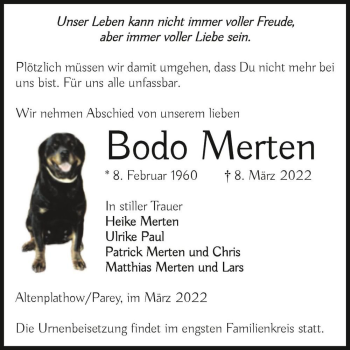 Traueranzeige von Bodo Merten  von Magdeburger Volksstimme