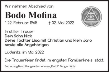 Traueranzeige von Bodo Mofina  von Magdeburger Volksstimme