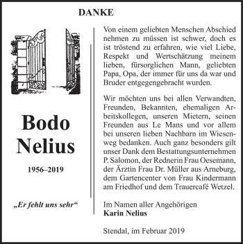 Traueranzeige von Bodo Nelius  von Magdeburger Volksstimme