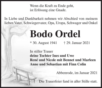 Traueranzeige von Bodo Ordel  von Magdeburger Volksstimme