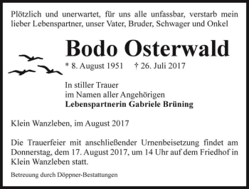 Traueranzeige von Bodo Osterwald  von Magdeburger Volksstimme