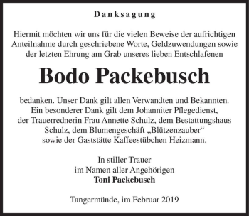 Traueranzeige von Bodo Packebusch  von Magdeburger Volksstimme