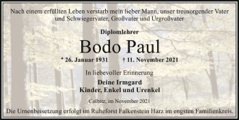 Traueranzeige von Bodo Paul  von Magdeburger Volksstimme