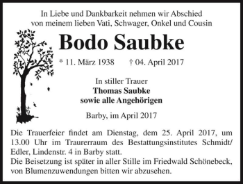 Traueranzeige von Bodo Saubke  von Magdeburger Volksstimme