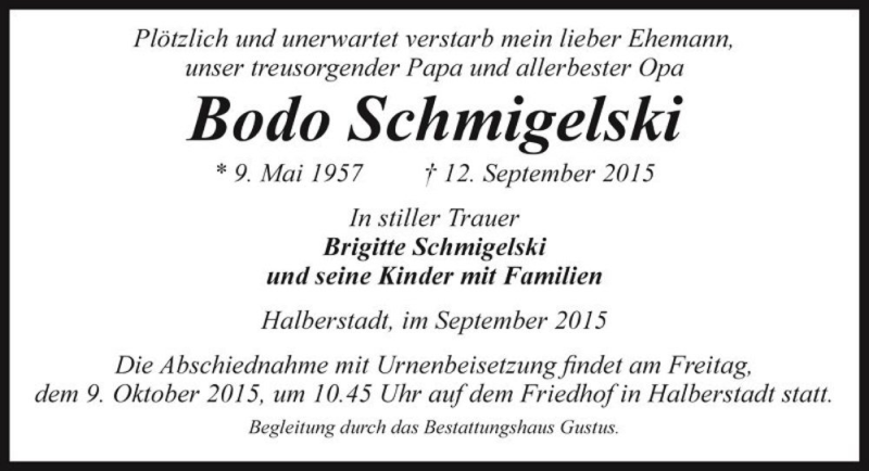  Traueranzeige für Bodo Schmigelski  vom 29.09.2015 aus Magdeburger Volksstimme