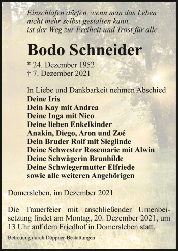 Traueranzeige von Bodo Schneider  von Magdeburger Volksstimme