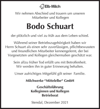 Traueranzeige von Bodo Schuart  von Magdeburger Volksstimme