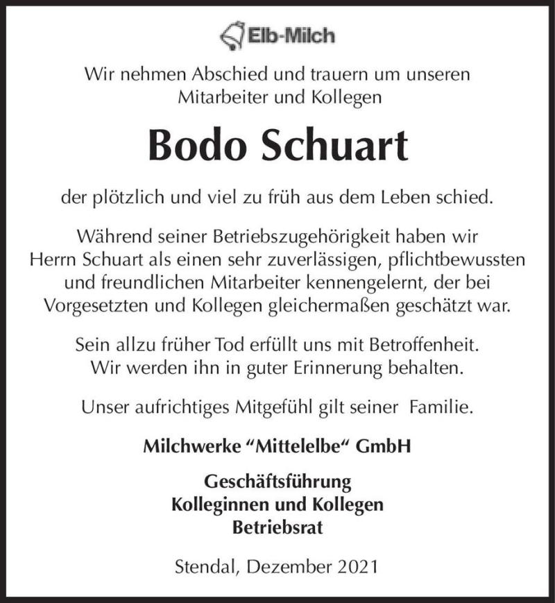  Traueranzeige für Bodo Schuart  vom 20.12.2021 aus Magdeburger Volksstimme