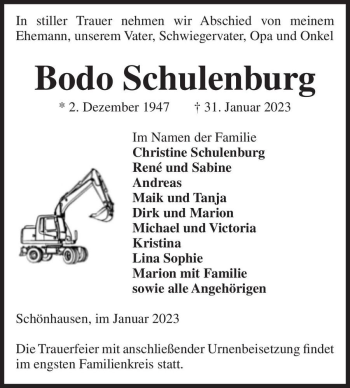 Traueranzeige von Bodo Schulenburg  von Magdeburger Volksstimme