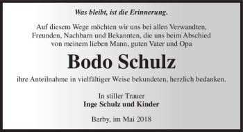 Traueranzeige von Bodo Schulz  von Magdeburger Volksstimme