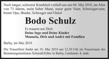 Traueranzeige von Bodo Schulz  von Magdeburger Volksstimme