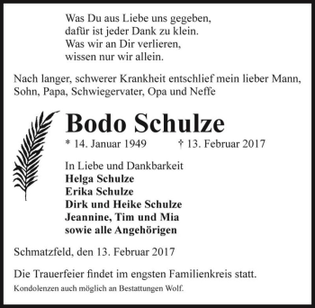 Traueranzeige von Bodo Schulze  von Magdeburger Volksstimme