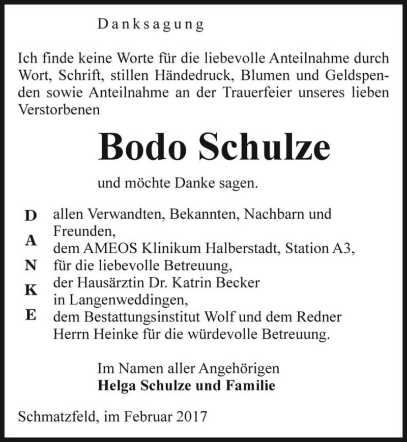  Traueranzeige für Bodo Schulze  vom 25.02.2017 aus Magdeburger Volksstimme