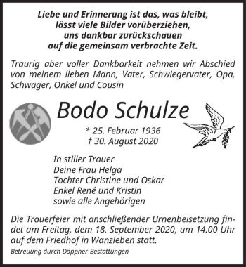 Traueranzeige von Bodo Schulze  von Magdeburger Volksstimme