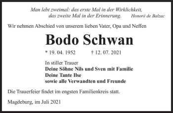 Traueranzeige von Bodo Schwan  von Magdeburger Volksstimme