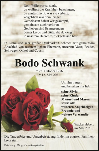 Traueranzeige von Bodo Schwank  von Magdeburger Volksstimme