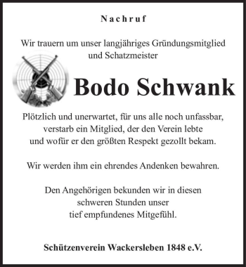 Traueranzeige von Bodo Schwank  von Magdeburger Volksstimme