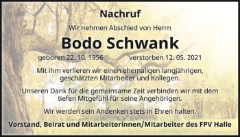 Traueranzeige von Bodo Schwank  von Magdeburger Volksstimme