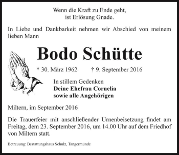 Traueranzeige von Bodo Schütte  von Magdeburger Volksstimme