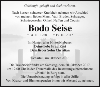 Traueranzeige von Bodo Seise  von Magdeburger Volksstimme