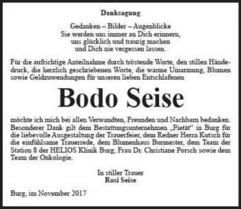 Traueranzeige von Bodo Seise  von Magdeburger Volksstimme
