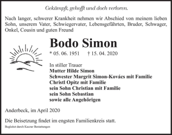 Traueranzeige von Bodo Simon  von Magdeburger Volksstimme