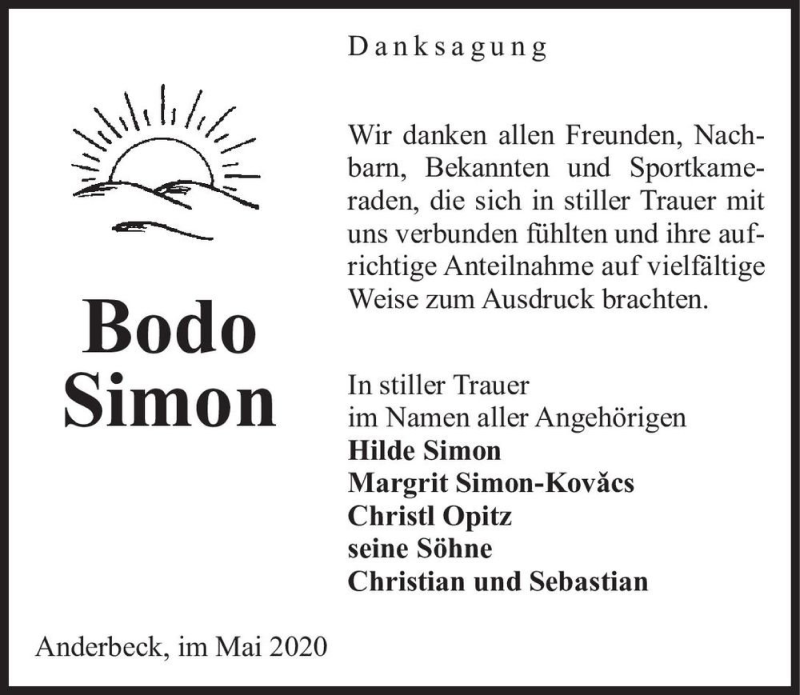  Traueranzeige für Bodo Simon  vom 16.05.2020 aus Magdeburger Volksstimme