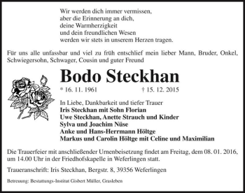 Traueranzeige von Bodo Steckhan  von Magdeburger Volksstimme