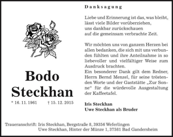 Traueranzeige von Bodo Steckhan  von Magdeburger Volksstimme