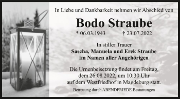Traueranzeige von Bodo Straube  von Magdeburger Volksstimme
