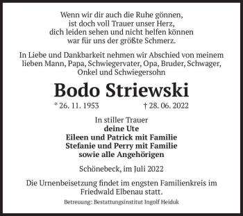 Traueranzeige von Bodo Striewski  von Magdeburger Volksstimme