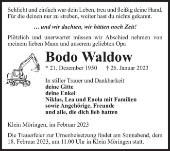 Traueranzeige von Bodo Waldow  von Magdeburger Volksstimme