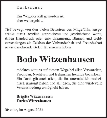Traueranzeige von Bodo Witzenhausen  von Magdeburger Volksstimme
