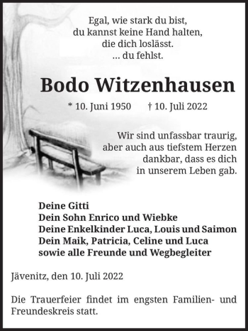 Traueranzeige von Bodo Witzenhausen  von Magdeburger Volksstimme