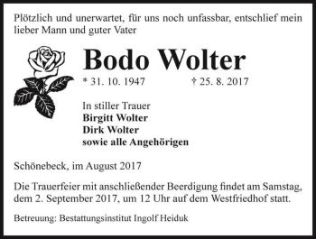 Traueranzeige von Bodo Wolter  von Magdeburger Volksstimme