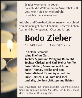 Traueranzeige von Bodo Zieber  von Magdeburger Volksstimme