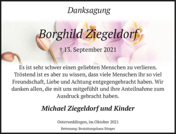 Traueranzeige von Borghild Ziegeldorf  von Magdeburger Volksstimme