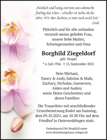 Traueranzeige von Borghild Ziegeldorf (geb. Teupel)  von Magdeburger Volksstimme