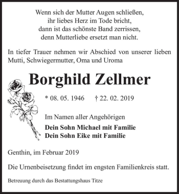 Traueranzeige von Borghold Zellmer  von Magdeburger Volksstimme