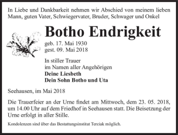 Traueranzeige von Botho Endrigkeit  von Magdeburger Volksstimme