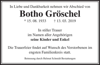 Traueranzeige von Botho Gröschel  von Magdeburger Volksstimme