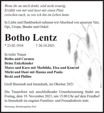 Traueranzeige von Botho Lentz  von Magdeburger Volksstimme