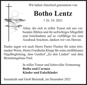 Traueranzeige von Botho Lenz  von Magdeburger Volksstimme